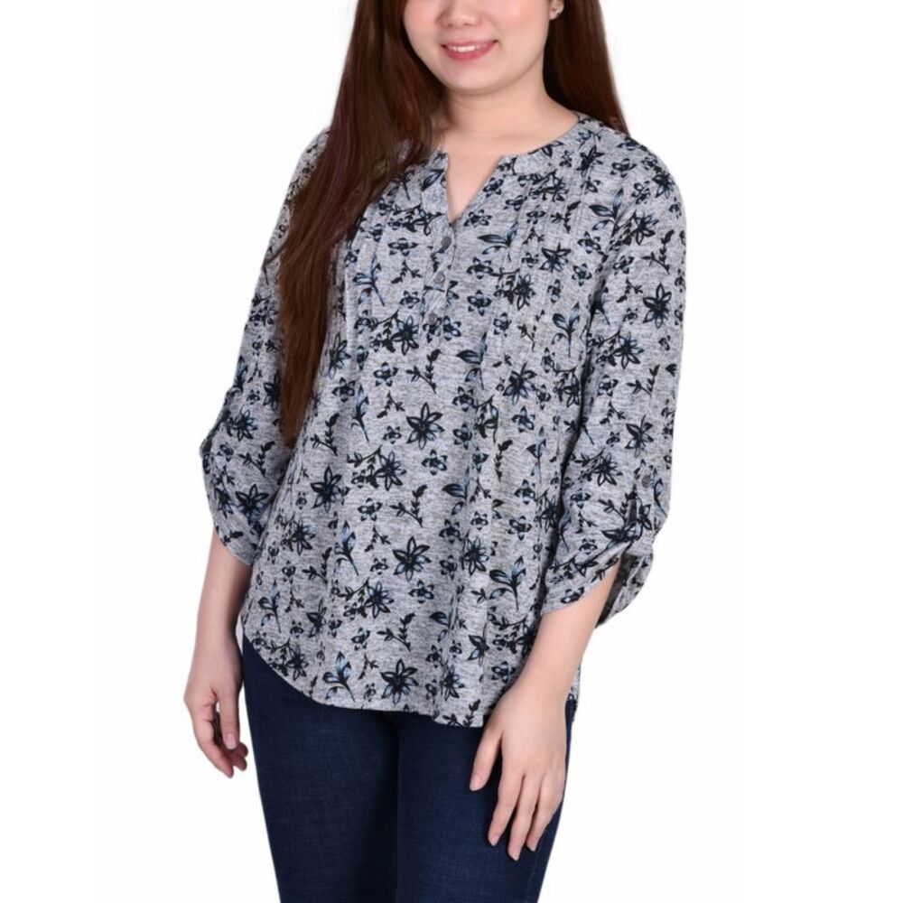 NY Collection Petite Size 3/4 Roll Sleeve Top